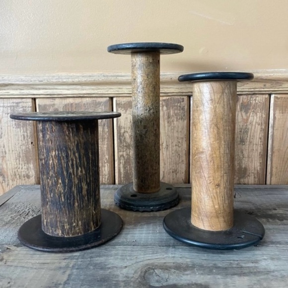 TRIO textile bobbin spools antique vintage decor candle holders - Picture 3 of 4